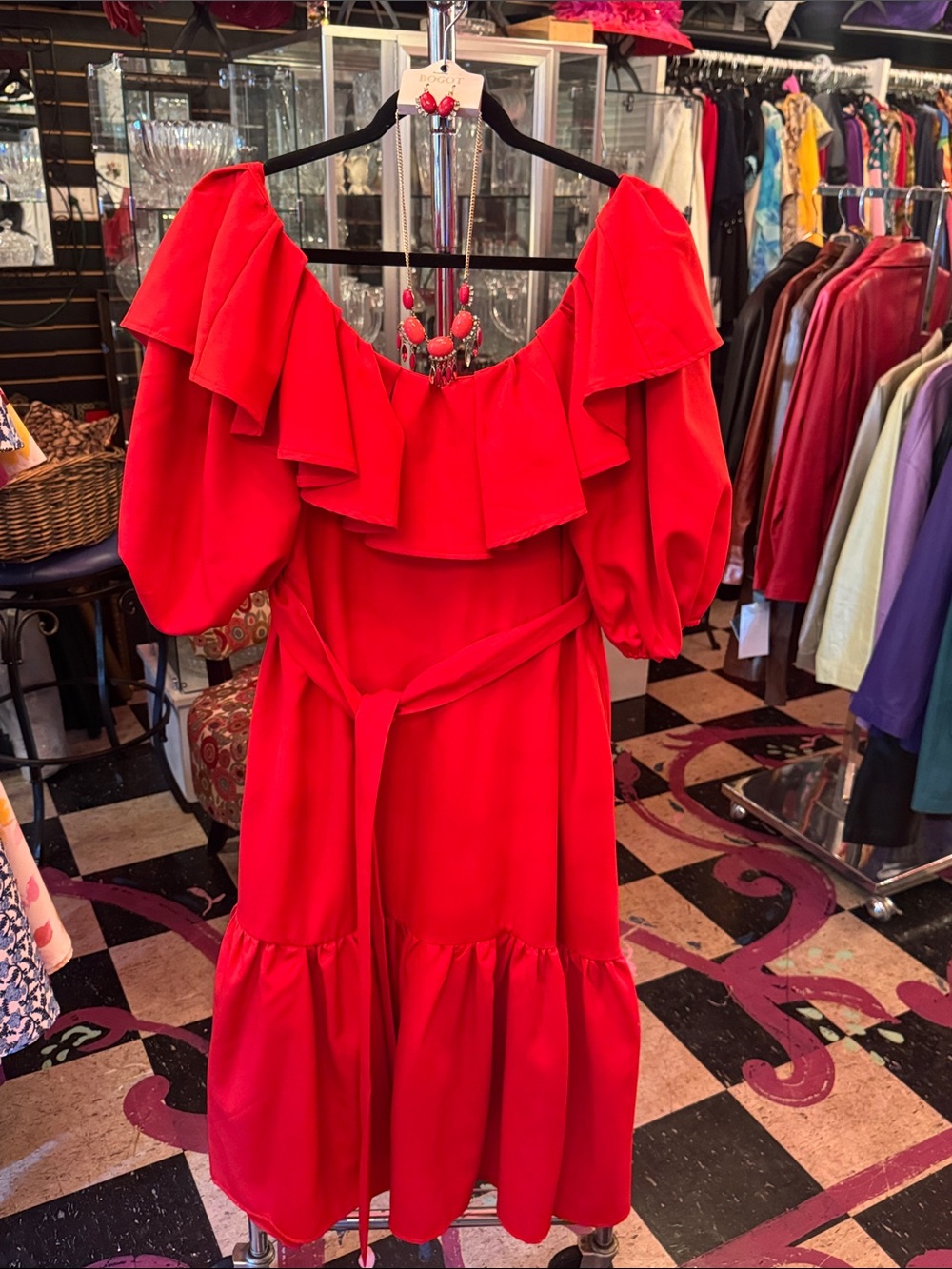 Red Off-Shoulder Ruffle Midi Dress